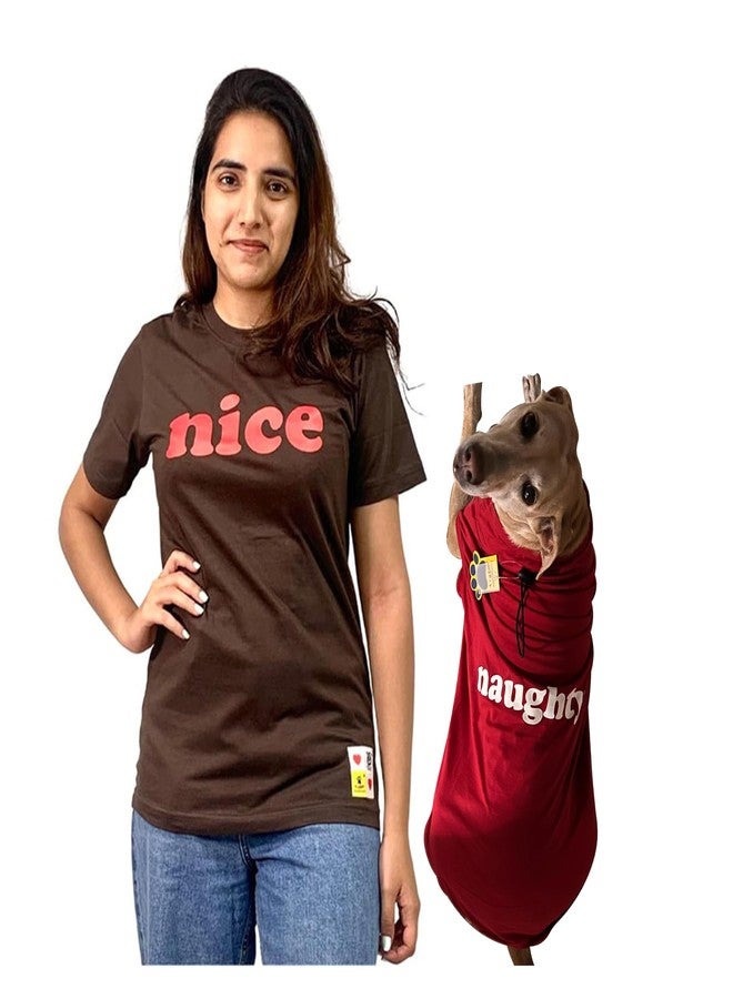 A+a Pets تيشيرت فاخر مطبوع عليه رسومات لحيوانات أليفة من A+a، مناسب للبشر (للجنسين) "لطيف" وللحيوانات الأليفة (كلاب وقطط) "مشاغب" | نصف كم، رقبة دائرية | قطن (مقاسات البشر: M، مقاسات الحيوانات الأليفة: 5XL، بني وأحمر) - Image 1